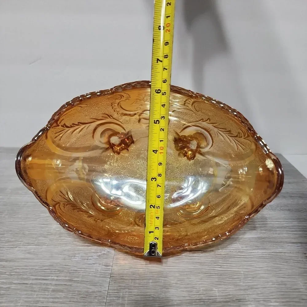 Vintage Indiana Marigold Footed Carnival Glass‎ Oval Bowl Compote Scalloped Edge